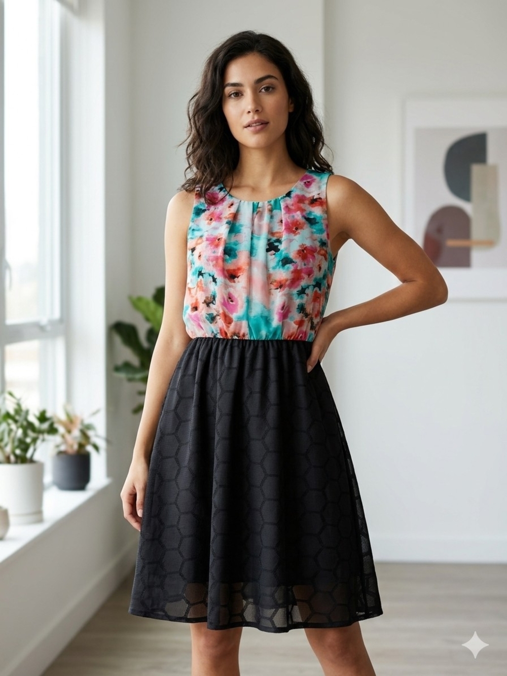 BeBop Floral Chiffon Top in Coral, Teal & Pink.    WD 14